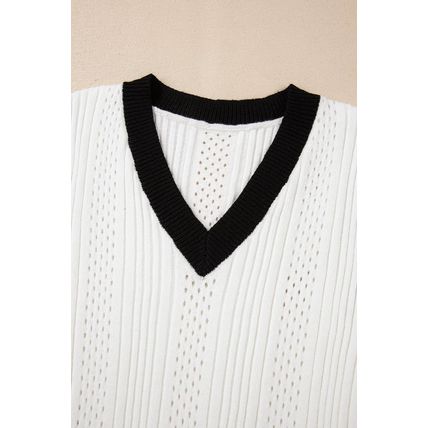 White Contrast Trim Eyelet Knit Colorblock V Neck Sweater Vest