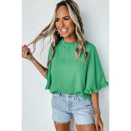 Green Frilly Round Neck Wide Half Sleeve Blouse