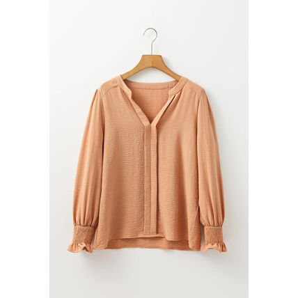 Straw Yellow Solid Color Shirred Cuff Notch V Neck Blouse