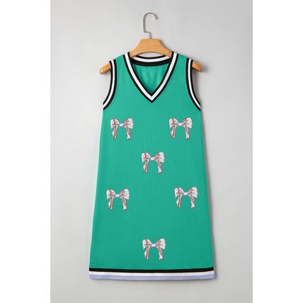 Mint Green Contrast Striped Detail Glitter Baseball Patched V Neck Tank Dress