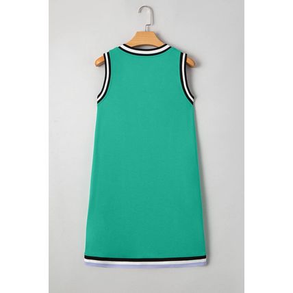 Mint Green Contrast Striped Detail Glitter Baseball Patched V Neck Tank Dress