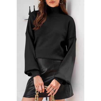 Black Turtleneck Drop Shoulder Bubble Sleeve Knit Sweater