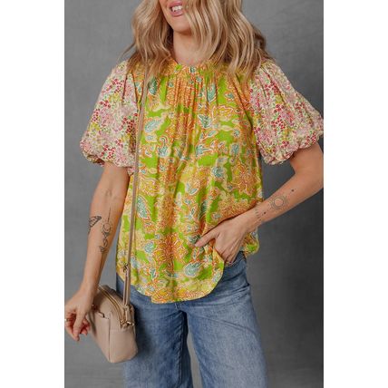 Multicolour Printed Contrast Bubble Sleeve Patchwork Blouse