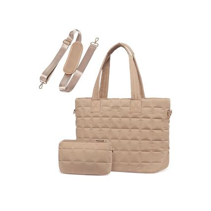 Camel Quiled Patchwork Large Tote Bag and Clutch 2pcs Set