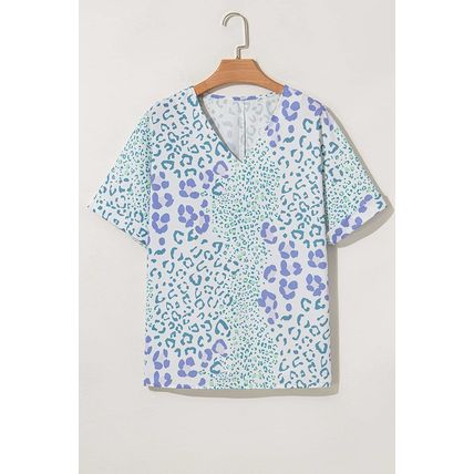 Sky Blue Mixed Leopard Print V Neck Short Sleeve Blouse