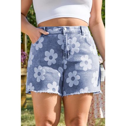 Ashleigh Blue Floral Pattern High Waist Raw Hem Plus Size Denim Shorts