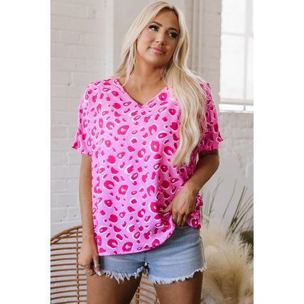 Pink Leopard V Neck Loose Short Sleeve Top