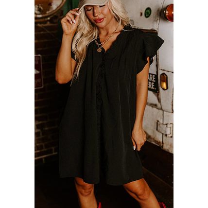 Black Frilled V Neck Pleated Ruffle Detail Short Shift Dress