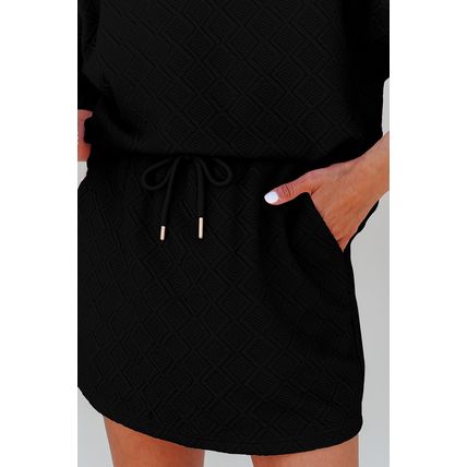 Color black Striped Collared Zip up Textured Skirt Set