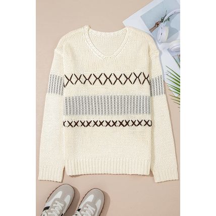 Parchment Contrast Stitch Detail V Neck Drop Shoulder Sweater