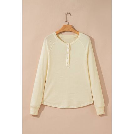Oatmeal Textured Knit Half Buttons Henley Top
