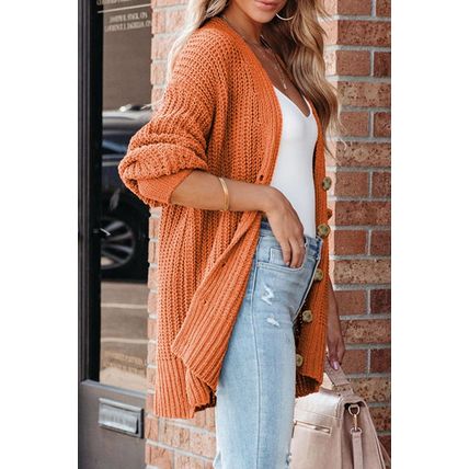 Gold Flame Button Front V Neck Chunky Cardigan Sweater