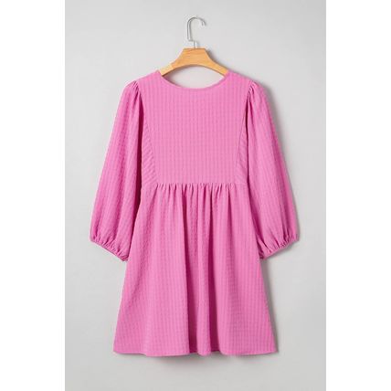 Sachet Pink Plus Size Textured Tie Split Neck Puff Sleeve Flowy Mini Dress
