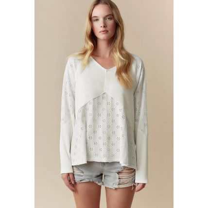 White Twisted Rib Patchwork Embroidered Loose V Neck Long Sleeve Top