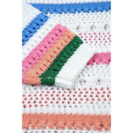 White Color Block Striped Pointelle Knit Sweater