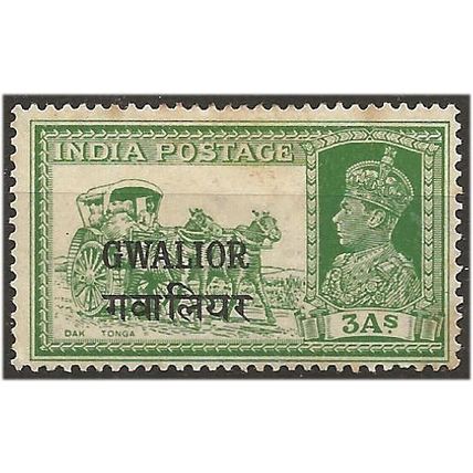 Gwalior (ICS) 1939 SG109 3a Yellow-Green (light tone spots) Mounted Mint . .. .