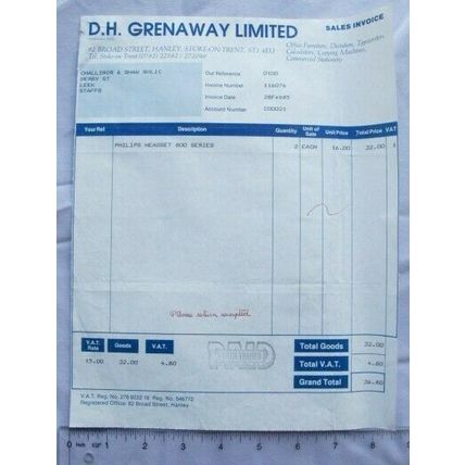 1985 invoice D. H. Grenaway, Hanley, Philips Headset 600 Series