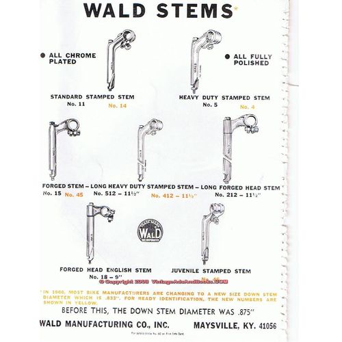 WALD MFG COMPANY 1966 bike Bicycle Stems handlebar vintage ad