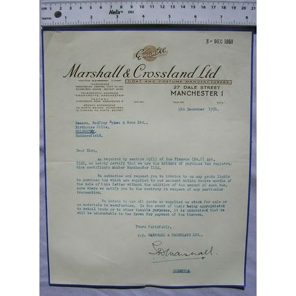 1951 letter Marshall & Crossland, Manchester re Purchase Tax certificate