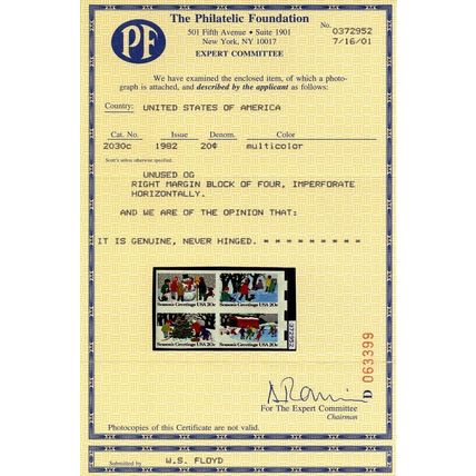 2030c, RARE Imperforate Between Error Block With PFC Certificate - Stuart Katz