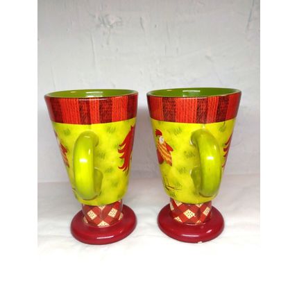 Debbie Mumm For JoAnn Fabrics Set of 2 Rooster Pedestal Mugs Farm Ceramic