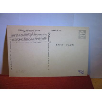 JEFFERSON STATUE, THE JEFFERSON MEMORIAL, WASHINGTON D.C. USA unused postcard. #