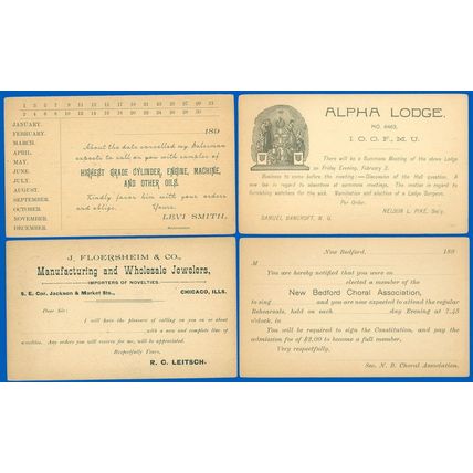 Preprinted Postal Cards #UX10 LOT/4, CHORAL ASS., OIL SALES & MASONIC, SCV $30!