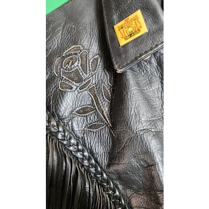 Vintage UNIK Black Leather Motorcycle jacket Womans M Fringe Rose Inlay Lined