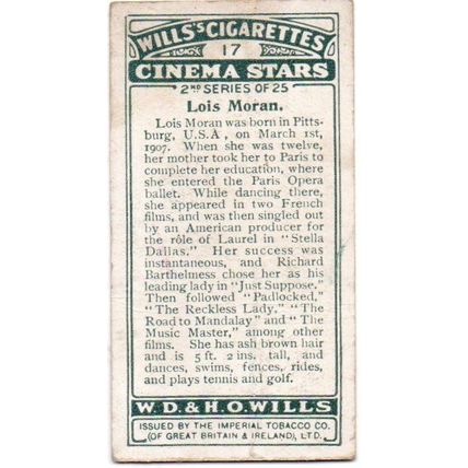 WILLS CIGARETTE CARD CINEMA STARS 2nd. SERIES 1928 No.17 LOIS MORAN