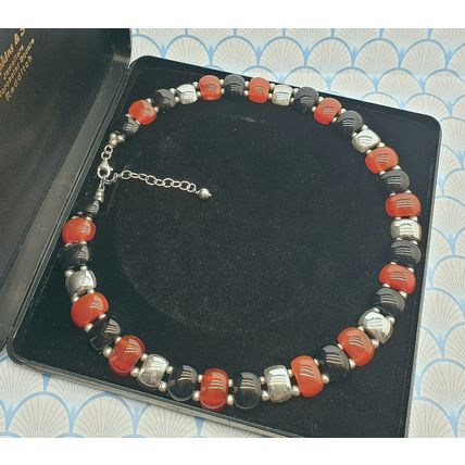 Vintage Chunky 925 Sterling Silver Onyx & Carnelian Statement Necklace with Box