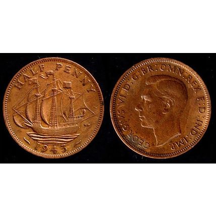 United Kingdom Half Penny 1943 Used Coin 1/2d Ship UK Geo VI