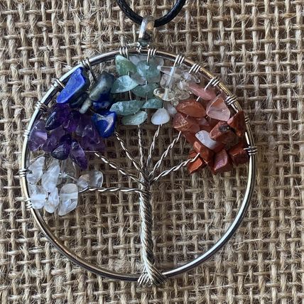 7 Chakra Stone Crystal Tree of Life Wire Wrapped Pendant Necklace w Copper Owl