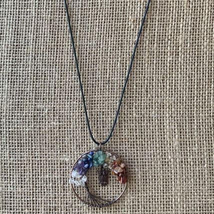 7 Chakra Stone Crystal Tree of Life Wire Wrapped Pendant Necklace w Copper Owl