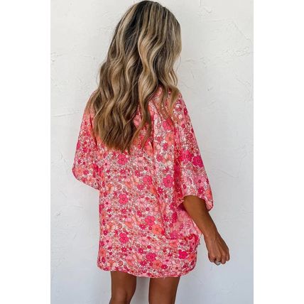 Pink Boho Floral V Neck Kimono Style Blouse