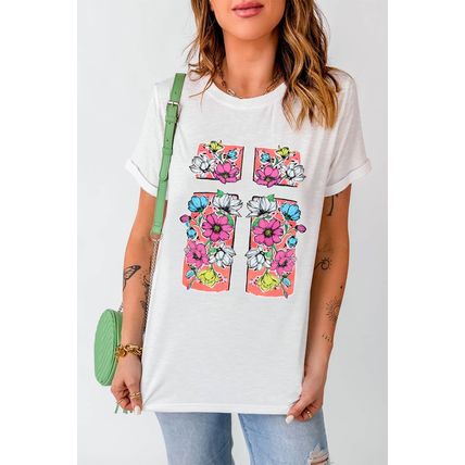 White Floral Crossed Graphic Easter Round Neck T Shirt