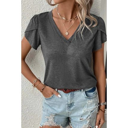 Carbon Grey Fashion Petal Sleeve V Neck T Shirt