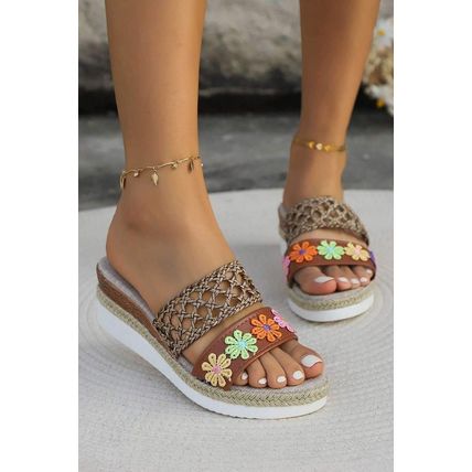 White Floral Print Braided Details Wedge Slippers