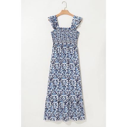 Sky Blue Boho Print Smocked High Waist Maxi Dress