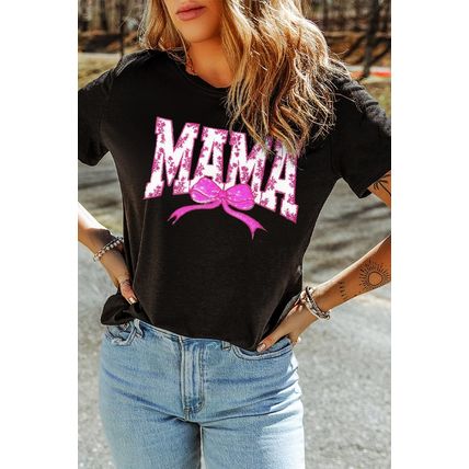 Black Floral MAMA Bow Graphic Crewneck T Shirt