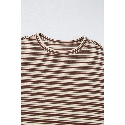 Brown Stripe Textured Side Slits Crew Neck T Shirt