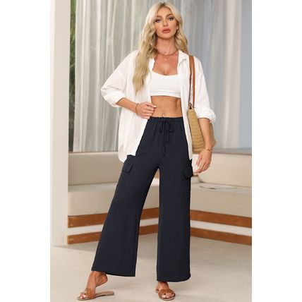 Black Drawstring Frilled Waist Wide Leg Utility Trousers