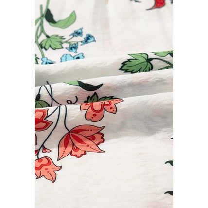 White Floral Print Contrast V Neck Tassel Tie Lace Detail Short Sleeve Blouse
