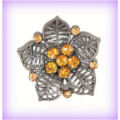 Black Metal Amber Crystal Floral Brooch Jumper Clasp Pin Jewellery 1434