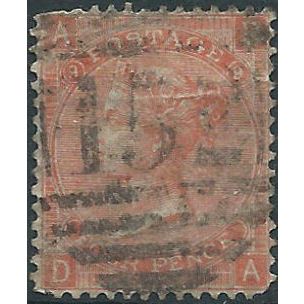1866 SG94 4d Vermillion Plate 8 Check Letters "DA" Good+ Used.
