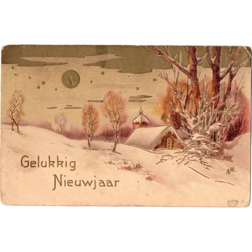 Erika Postcard Winter Church Scene ' Gold ' Highlights Gelukkig Nieuwjaar