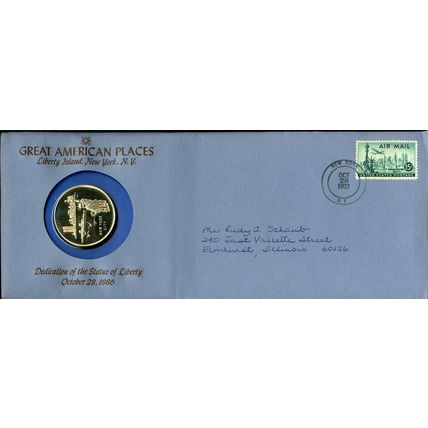 GREAT AMERICAN PLACES STERLING SILVER MEDAL & POSTAL COVER # 4 NEW YORK
