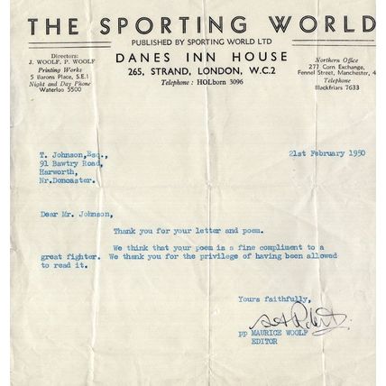 The Sporting World Newspaper 1950 Boxing Hand Signed Letter