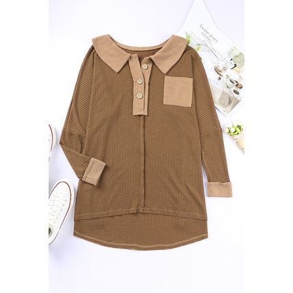 Brown Waffle Knit Buttoned Long Sleeve Top