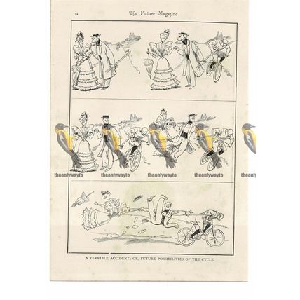 Accident the Future of Cycling, Victorian Cartoon, Book Illustration, 1895