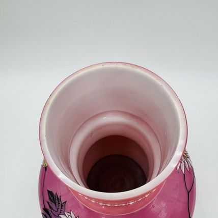 Victorian aesthetic pink opaline glass vase Roosters Fighting Daisies Large Rare